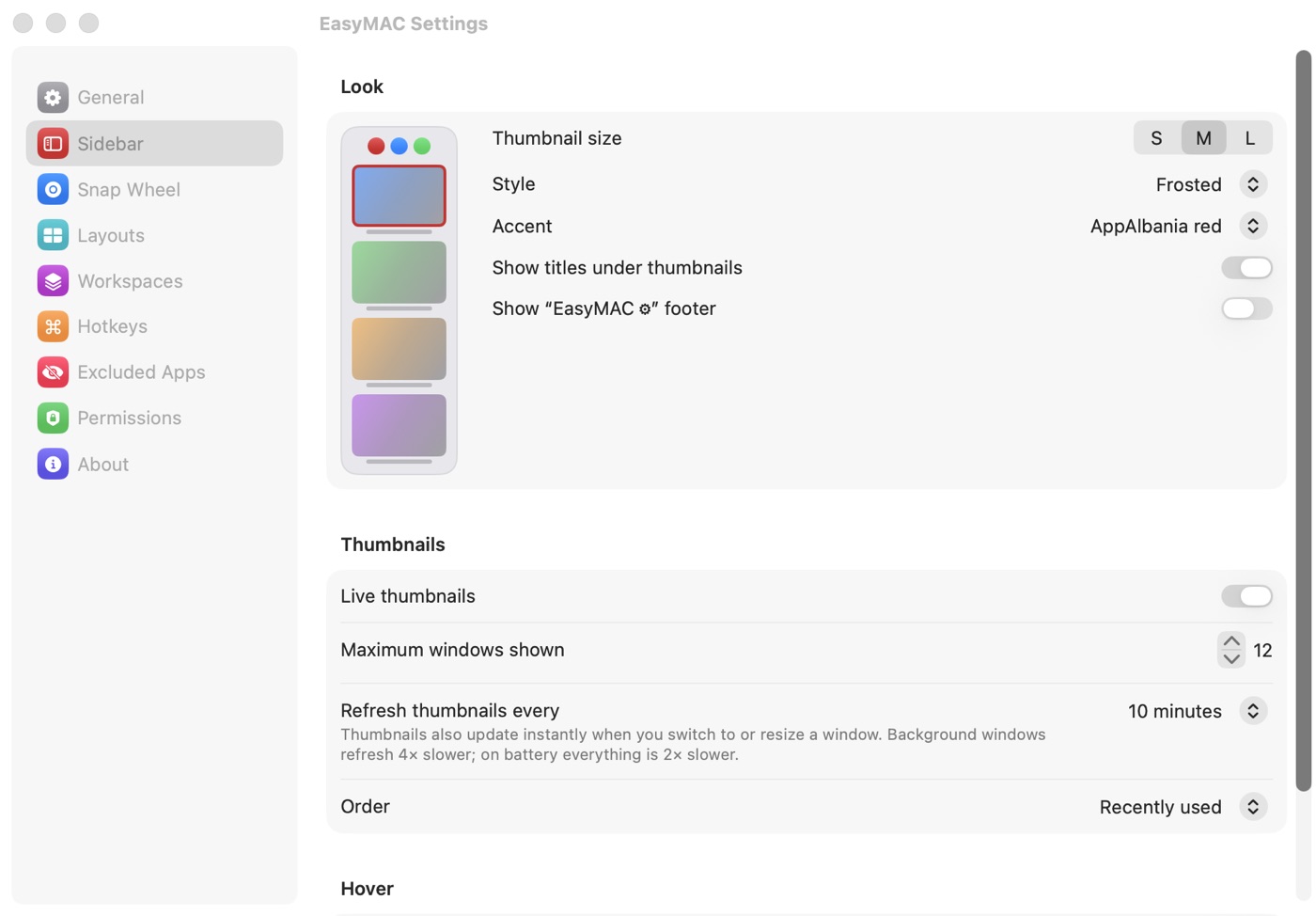 Sidebar appearance settings