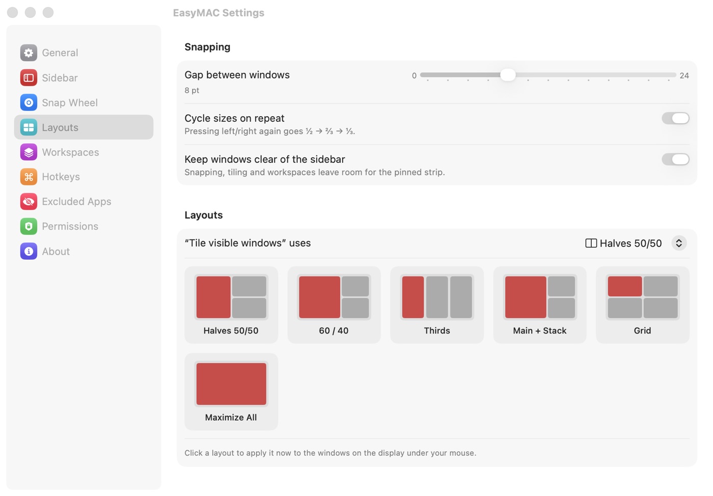 EasyMAC Layouts settings