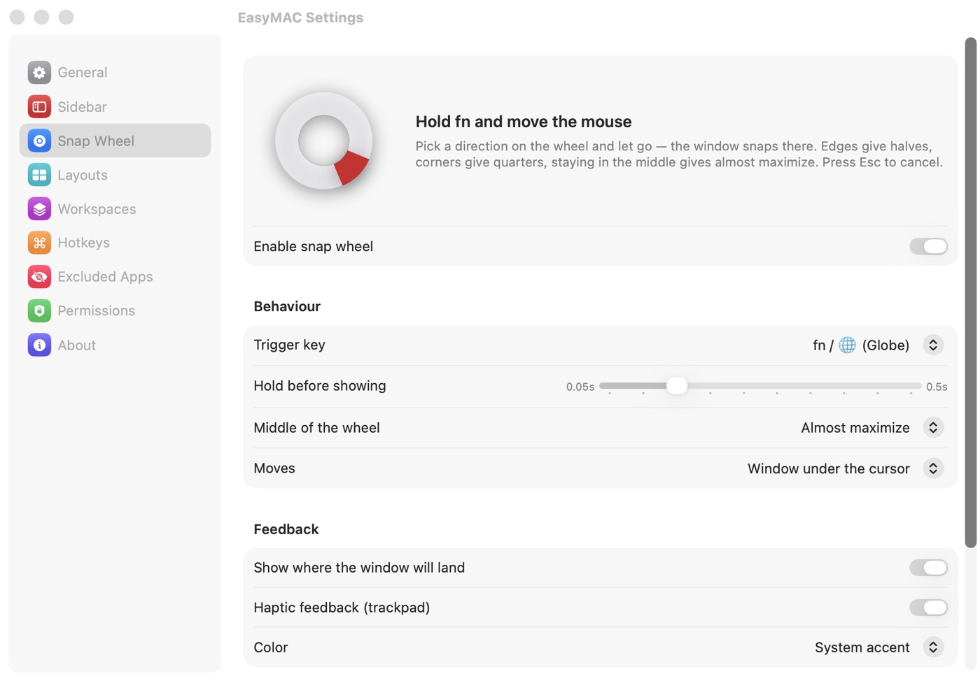 EasyMAC Snap Wheel settings