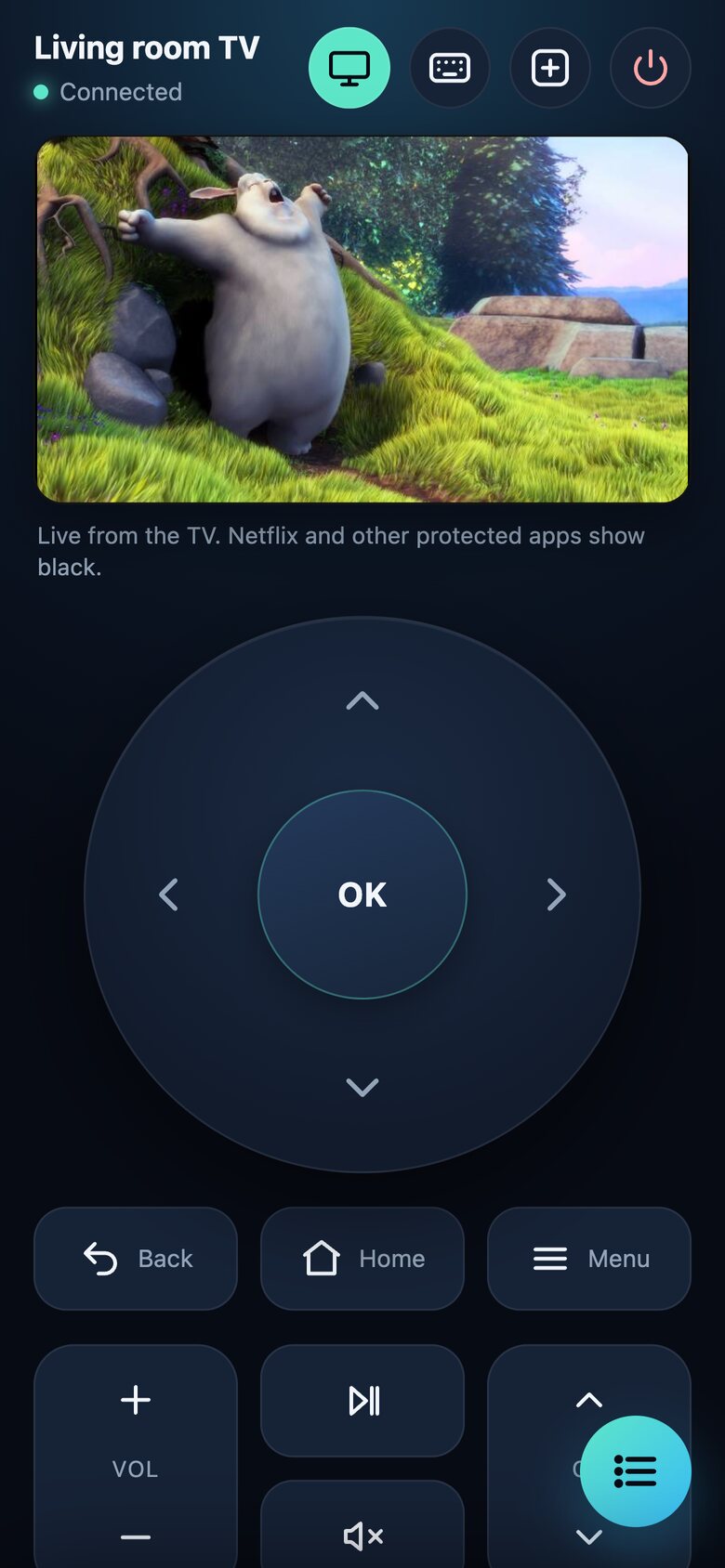 Luma Remote showing what the TV plays above the D-pad