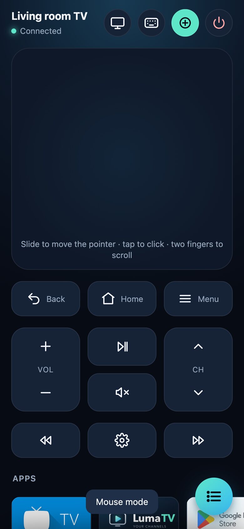 Luma Remote mouse mode touchpad