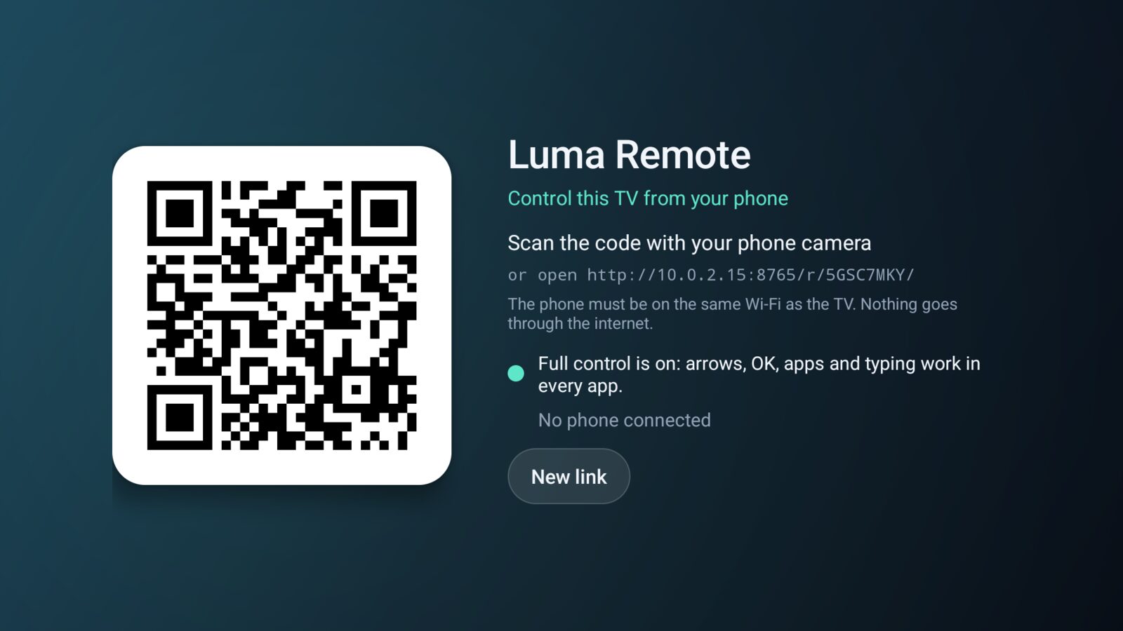 Luma Remote on the TV, showing a QR code and the link for phones