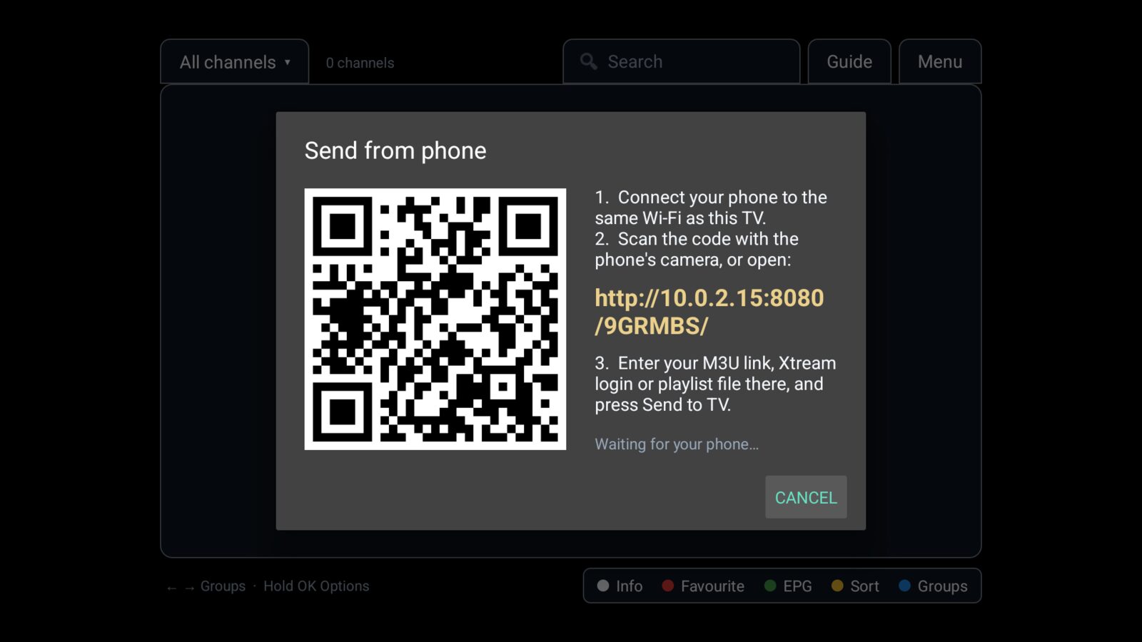 Luma TV showing a QR code to send a playlist from a phone