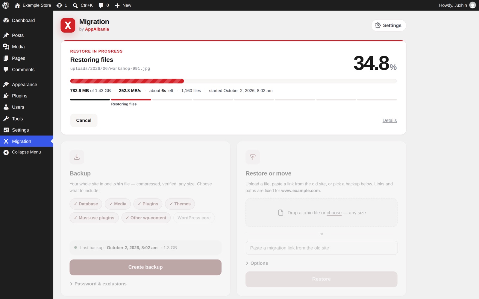 Restore in progress — the site keeps working until the last step