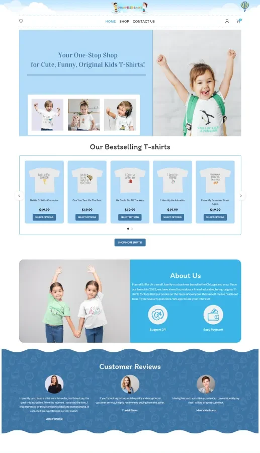 Funny Kid Shirt — the site we built, as it looks live