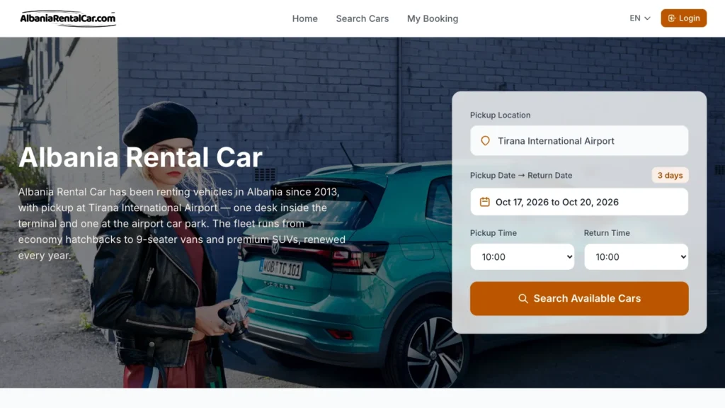 Albania Rental Car booking website running on RentalX car rental software