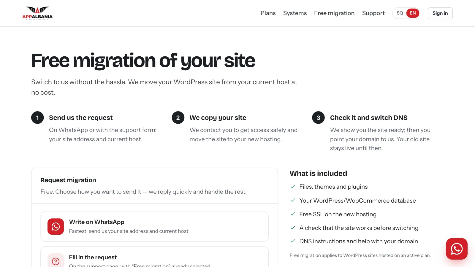 AppAlbania Host free migration page with the three migration steps