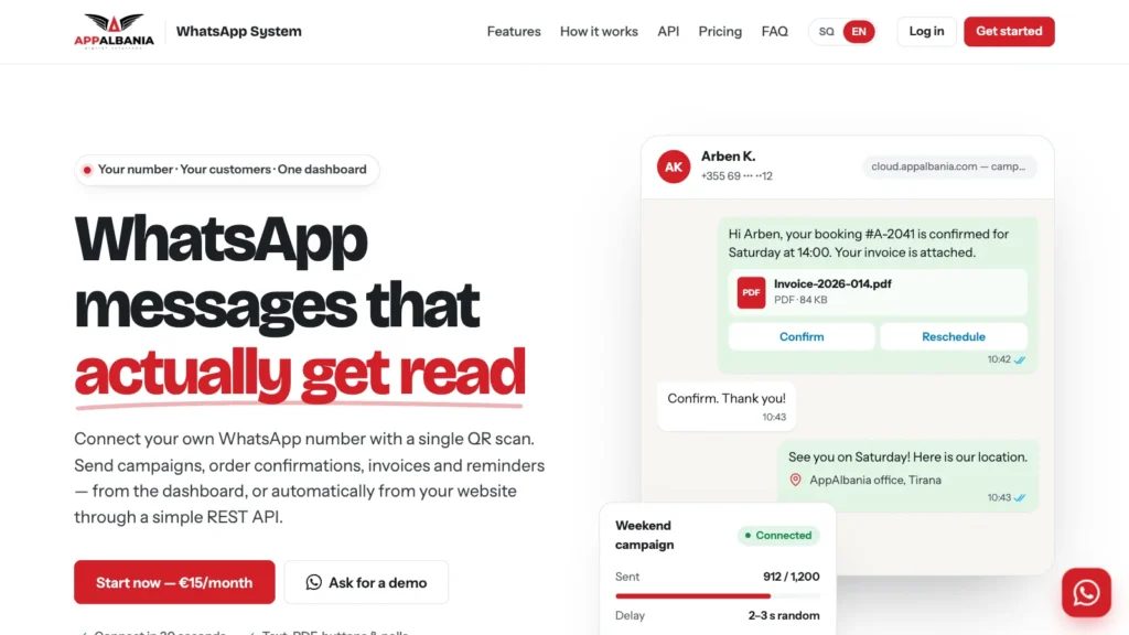 WhatsApp System by AppAlbania homepage: WhatsApp messages from your own number